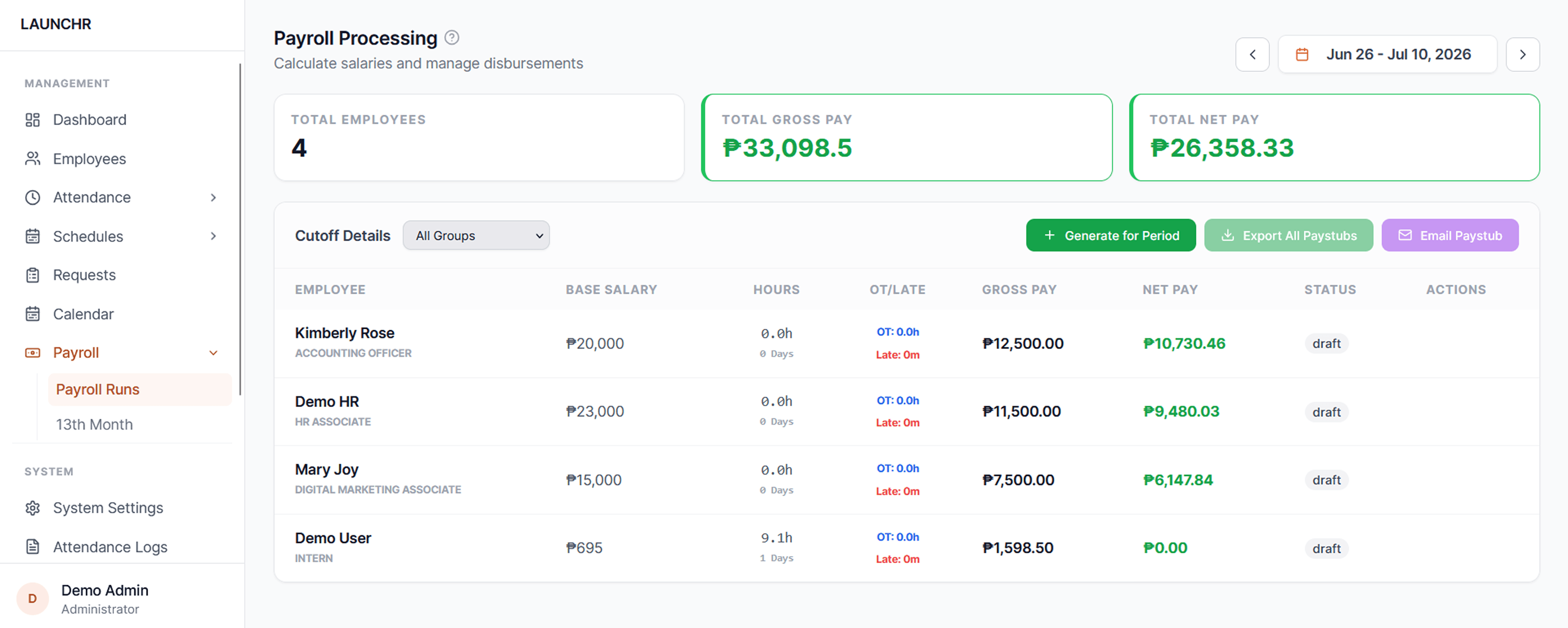 LaunchHR payroll processing dashboard showing a cutoff run with employee salaries and totals