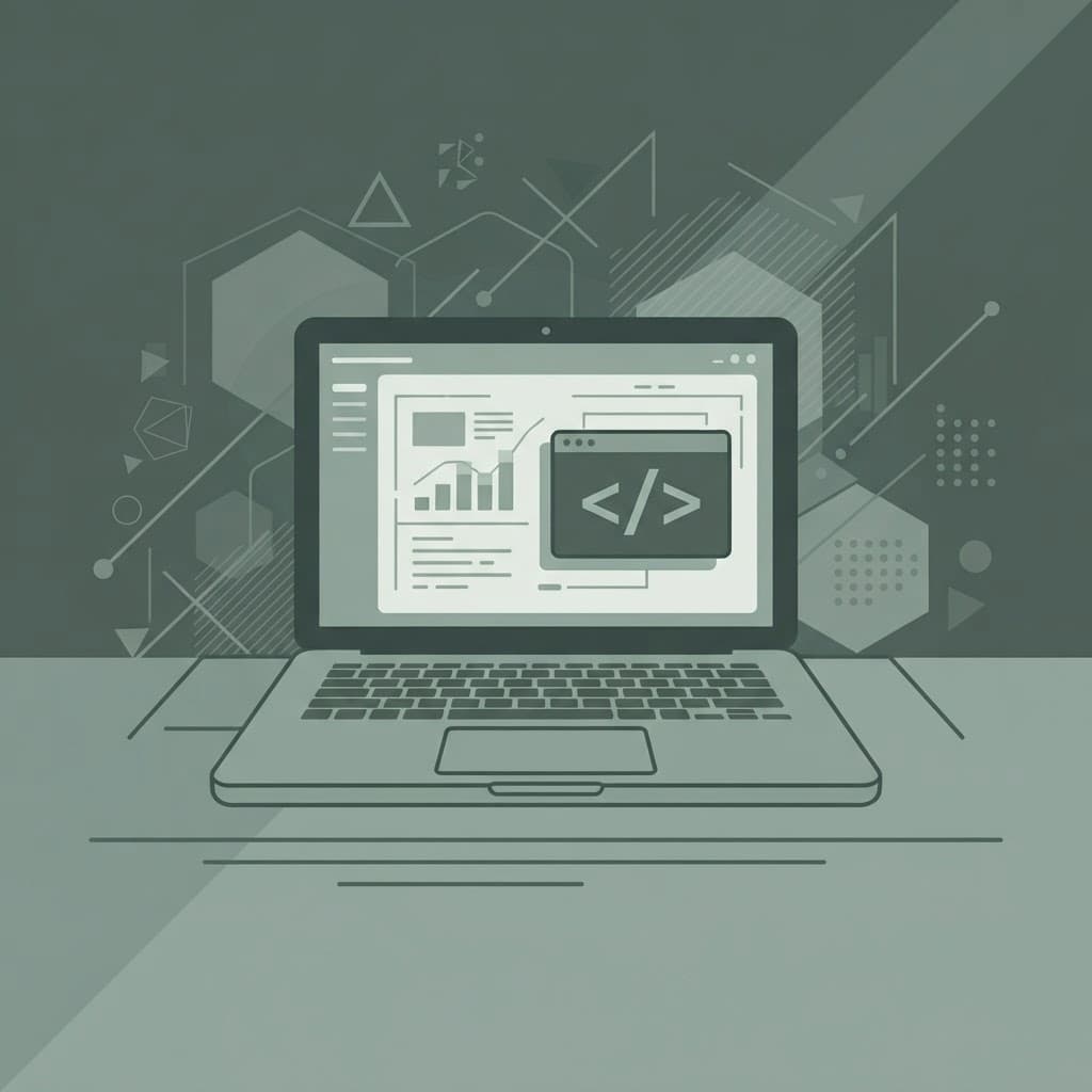 Illustration of a laptop showing dashboards and code against a geometric background