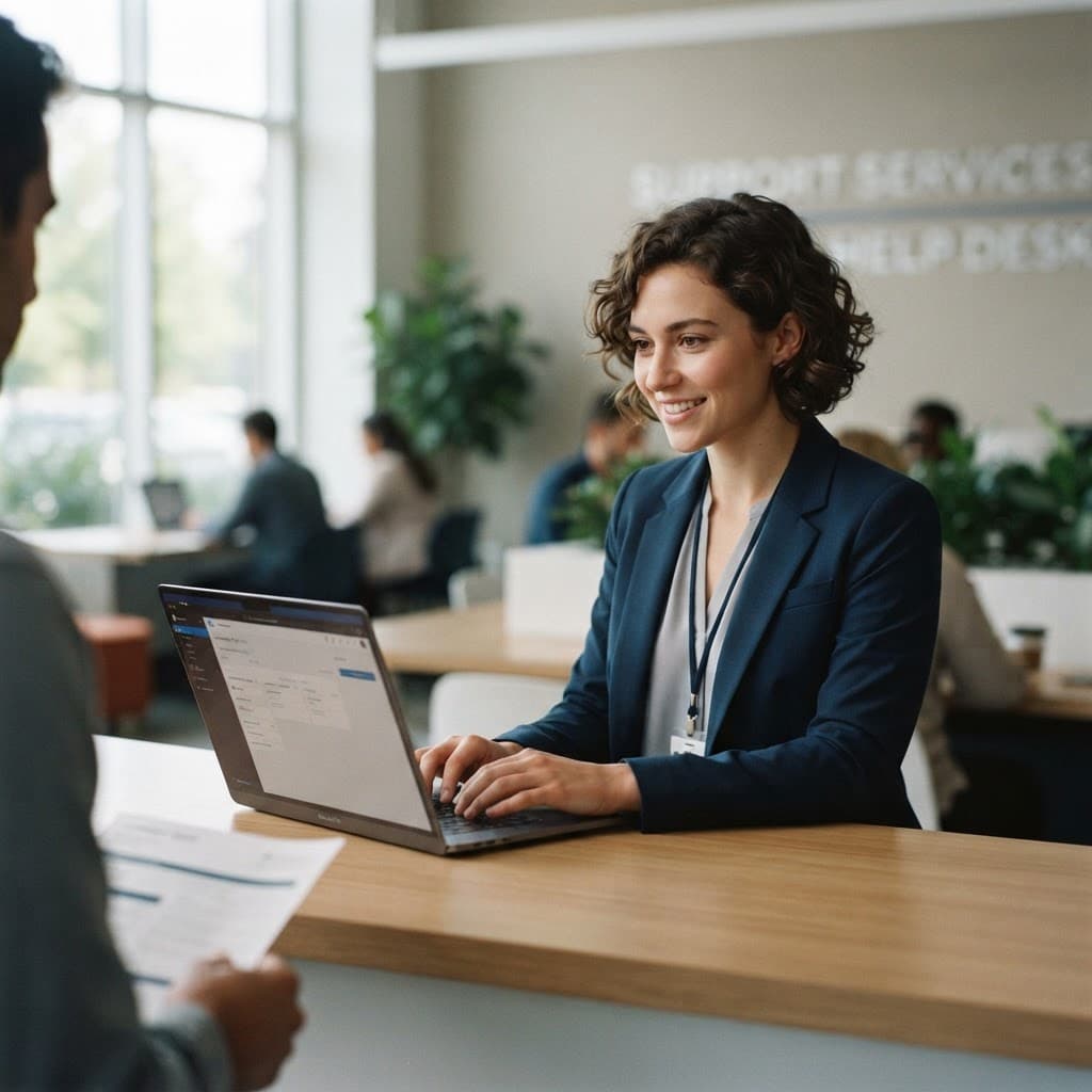 Professional smiling while working on a laptop in a modern office